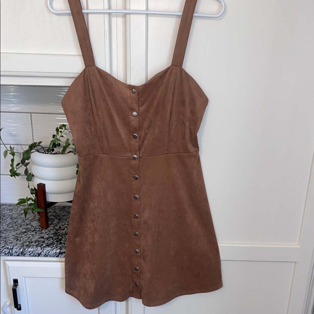 Forever 21 Brown Vegan Suede Button Front Mini Dress Large Sleeveless Pinafore